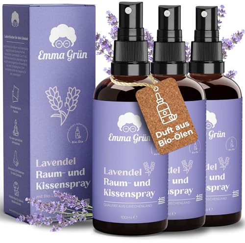 Emma Grün® Lavendelspray & Kissenspray 3x100ml – Raumduft für Kissen & Raum | Lavandula angustifolia aus Griechenland – für Textilien, Kleiderschrank, Bad & Auto – mit Sprühkopf und dezentem Lavendelduft