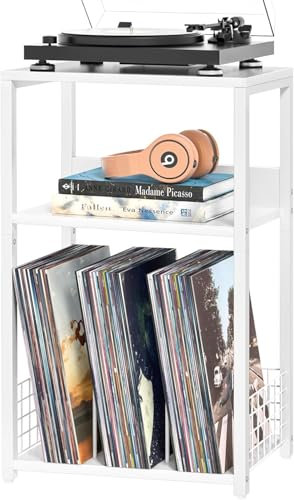 LELELINKY supporto per dischi a 3 livelli, tavolino vintage per scaffali in vinile, tavolo per giradischi con spazio di archiviazione per un massimo di 100 album,Bianco