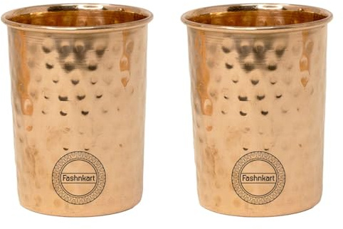Fashnkart Juego de 2 vasos de cobre puro para beber agua, salud ayurvédica, 300 ml (martillado)