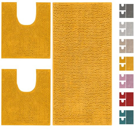 Home Tresor Parure Tappeti Bagno Set 3 Pezzi per Wc e Bidet, Tappeto Microfibra Morbido Antiscivolo Assorbente Giro Water - Ocra
