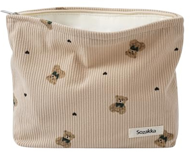 Süße kleine Make-up-Tasche aus weichem Cord mit Reißverschluss, Kosmetiktasche mit Bärenmuster für Damen und Mädchen, Kawaii-Reise-Kosmetiktasche, 04Light Taupe