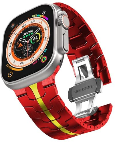 BUDAY Correa de acero inoxidable para Apple Watch Ultra 2 Band 49 mm 45 mm 44 mm 42 mm, correa de metal con cierre plegable para Apple Watch Series 9 8 7 6 5 4 3 2 1 Ultra/Ultra 2 Men(Red/Gold)