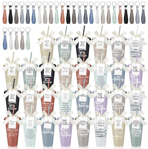 Tioncy 30 Sets Employee Appreciation Gifts Bulk 24 oz Plastic Tumbler with Lid and Straw Reusable Coffee Cups with Keychain Bowknot Card Christmas Gifts for Coworker Staff Worker Favors(Encourage)