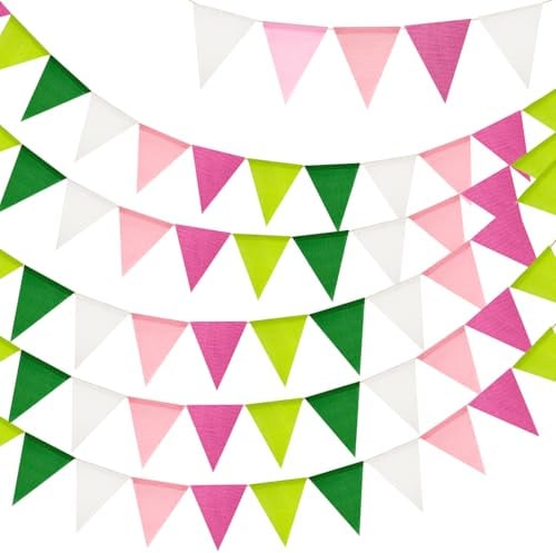 G2PLUS Rosa und Grün Wimpelkette Outdoor Wetterfest: 20M Wimpelketten Garten mit 60 STK Wimpel, 5 Stück Jute Wimpelketten für EIN Wicked-Themenfest Deko