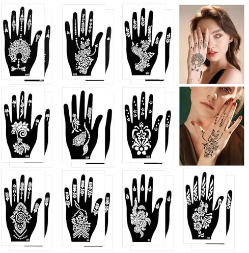20 Blatt Temporäre Tattoo Schablonen Kunststoff Schablonens Set Tattoos Hand Temporäre Tattoo Sticker Hände Schablonen Indische Arabische Tattoos für Frauen Mädchen Teens Body Art Paint