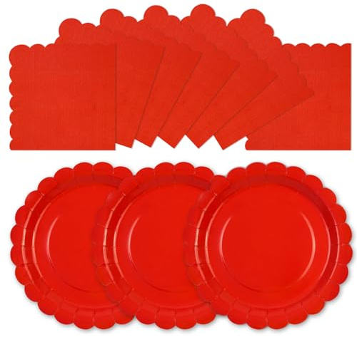 HFBOBP 50 piatti e tovaglioli di carta smerlati rossi per cena e dessert, usa e getta, per feste, lauree, vacanze, matrimoni, feste di compleanno, baby shower, decorazioni