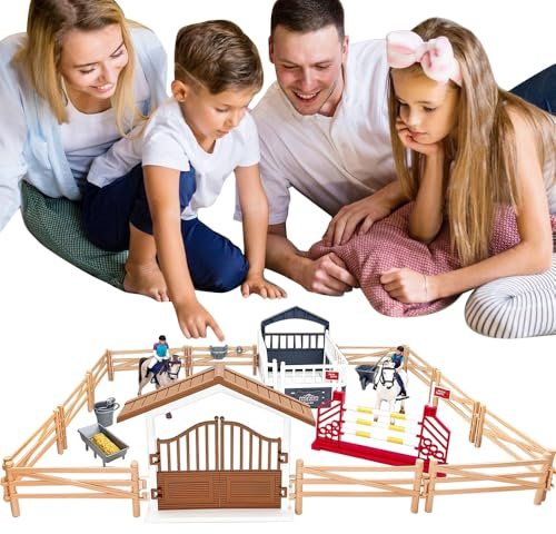 SKIKHN Pferdestall Spielzeug Pferde, Horse Spielset Pferdekoppel, Pferdekoppel Pferdestall mit Reiterin Hindernisse Pferdezaun, Reiterhof Pferdeclub, Pädagogische Bauernhof Geschenk für Kinder