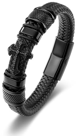 PiercingJak Mens Black Leather Cross Bracelet Stainless Steel Braided Black Leather Cross Faith Cuff Bangle Religious Bracelet 8.5 Inch