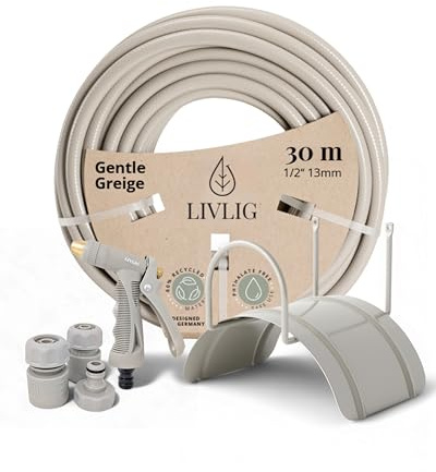 LIVLIG Gartenschlauch Set 30 m, 1/2 Zoll Wasserschlauch mit Wandhalterung & Sprühpistole (3 Sprühfunktionen), Bewässerungsschlauch inkl. Kupplungen, Farbe: Greige