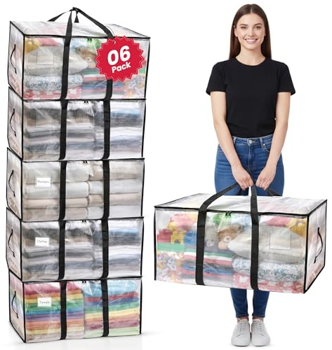 Homxters Heavy Duty Extra Large Packing Bags for Moving House Pack of 6 - Heavy Duty Moving Bags for Clothes, Duvet, Bedding, Blankets Storage - Strong Handles & Straps 90L Plastic Water Resistant