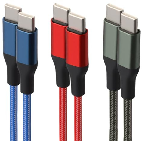 3 PCS USB C to USB C Charger Cable 2M/6FT, PD 60W 6A Fast Charging Cord Type C Nylon Braided Long Lead for Samsung S24/S23, iPhone 17 16 15 Pro/Pro Max/Plus, iPad Pro/Air/Mini, MacBook, Red Green Blue