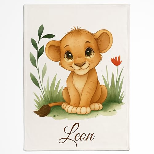 Pictogogo Personalisierte Babydecke mit Namen und Datum - Kuschelige Meilensteindecke aus Minky-Fleece, Ideal als Geburtsgeschenk (Löwenjunges)