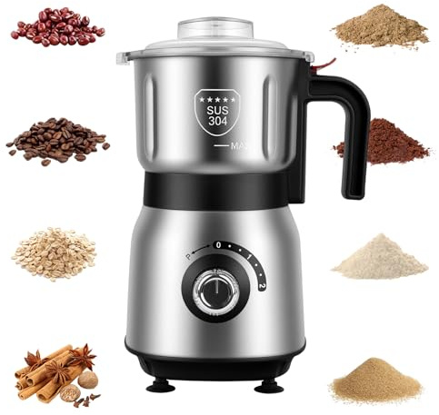 Electric Grinder for Kitchen - 500W Grain Mill with 3 Stainless Steel Blades, Versatile Spice Grinder for Coffee, Grinding Spices, Bean, Grains, Nuts,Wet & Dry Use(Black)