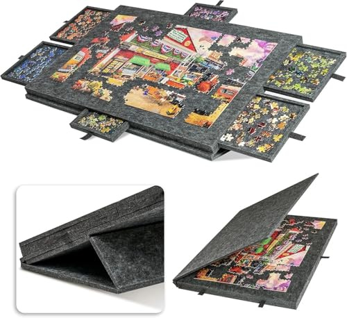 Jigsaw Puzzle Board with 6 Drawers, Tilting Felt Puzzle Board 2 in 1 Designed Stand & Cover, Puzzle Game Table Foldable & Portable, Jigsaw Board Fit for Jigsaw Puzzle 1000 Pieces (Dark Grey)