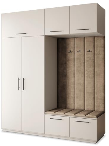 Masseno Flugarderoben Set Rema, Kleiderschrank-Set mit Sitzbank, Garderobenschrank Flur mit 5 Regalböden, Kaschmir