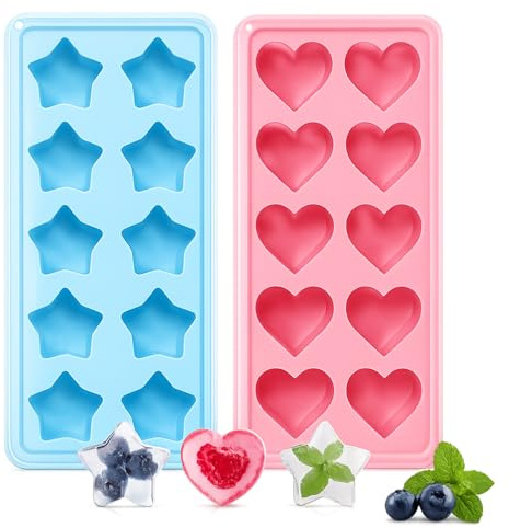 YONEEKSS 2 Pack Silicone Ice Cube Trays with Lids Heart and Star | Blue and pink, 20 cavities, flexible silicone, easy release, freezer drinks, cocktails, chocolate, jelly, desserts