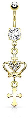 Paula & Fritz® Bauch-nabelpiercing Chirurgenstahl Krone Kreuz-Anhänger Zirkonia Gold Set Banane Bauch-Piercing Bananabell Nabel-Piercing