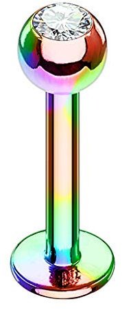 Piersando Piercing Stab Stecker Kugel mit Kristall Lippen Labret Lippenpiercing Ohr Tragus Ohrpiercing Helix Nase Intim Zungen Nasen Rainbow 1,2mm x 6mm x 3mm