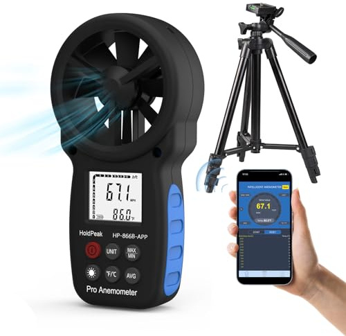HoldPeak, anemometro portatile Bluetooth con supporto, misuratore di velocità del vento digitale, dispositivo di misurazione della temperatura del flusso d'aria CFM per HVAC per tiro a vela all'aperto