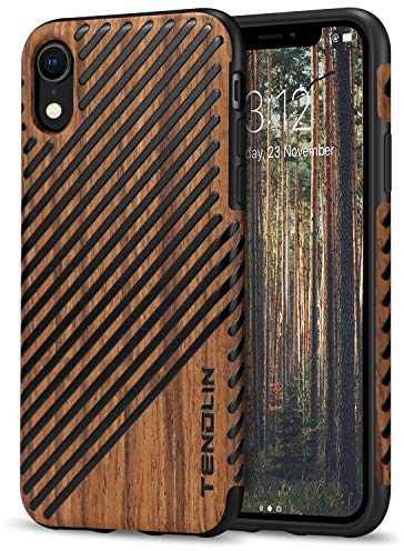 TENDLIN für iPhone XR Hülle Holz und Leder Flexiblem TPU Silikon Hybrid Weiche Schutzhülle Kompatibel mit iPhone XR (Rotes Sandelholz & Leder)