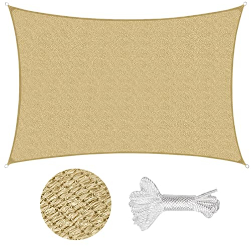 Sekey Sonnensegel 3x4m, Sonnenschutz, Rechteckig HDPE-Kunststoff, Winddicht Wasserdurchlässig UV-beständig Atmungsaktiv Reißfest, für Balkon Garten, mit Ösen und Befestigungsseile, Sand