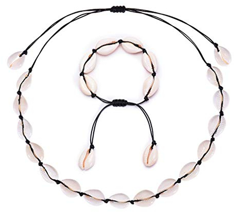 GLITZFAS Damen Natural Shell Choker Halsketten Armband Schmuck Set Boho Muschelkette (Schwarz)
