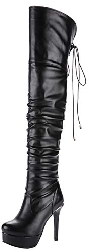 LUXMAX Donna Stivali sopra Il Ginocchio Plateau Tacco Alto a Spillo Stringati Scarpe Tacchi Alti Eleganti (Nero) - 44 EU