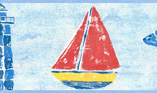 Dundee Deco BD6084 Tapeten Bordüre, vorgeklebt, nautisches Rot, Blau, Gelb, Leuchtturm, Schiff, Ente, Tapetenbordüre Retro-Design, 4,57 m x 13,34 cm