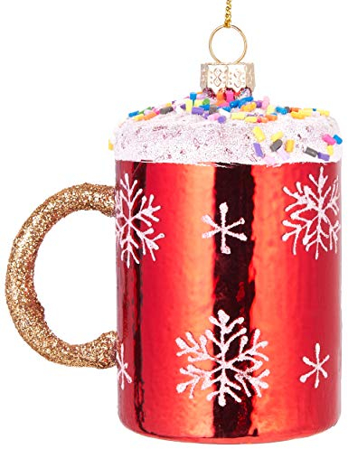BRUBAKER Weihnachtstasse mit Streuseln - Handbemalte Weihnachtskugel aus Glas - Mundgeblasener Christbaumschmuck Figuren lustig Deko Anhänger Baumkugel - ca. 9 cm