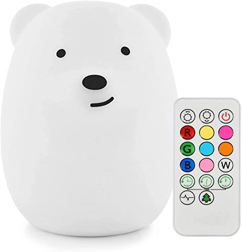 Tianhaixing Veilleuse rechargeable en silicone souple en forme d'animal, ajustez la luminosité et 9 couleurs via le contrôle tactile et la télécommande, convient aux enfant/adultes (grande Ours)