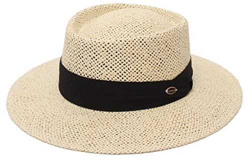 EOZY Chapeau de Paille Femme Homme Vintage Panama Chapeau Pork Pie Été Large Bord Chapeau de Soleil Anti-UV pour Plage Voyage Beige