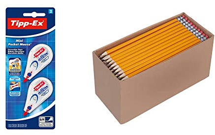 Tipp-Ex Mini Pocket Mouse Korrekturroller, Blister à 2 Roller, Korrekturband 6m x 5mm, Ideal für das Home Office, die Schule & AmazonBasics - Holzgefasste Bleistifte, HB, vorgespitzt, 30er-Pack