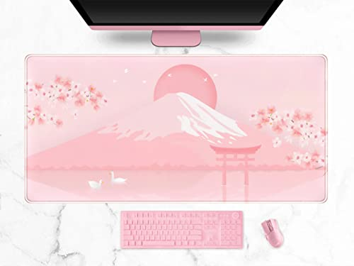 DSKGSJH Mauspad Kirschblüte Rosa Blumenmuster Mauspad Erweiterte Schreibtischunterlage Voll Schreibtischmatte Japanische Fuji Landschaft Ästhetische Große Maus Rutschfest XXL 90x40cm