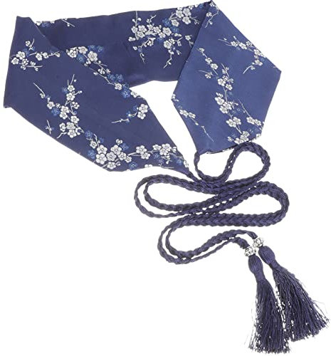 ABOOFAN Japanischer Kimonogürtel Chinesischer Hanfu Breiter Bund Japanischer Stil Bestickte Bundbänder Gürtel mit Quaste für Yukata Robe Zubehör Blau