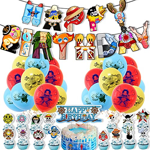 Wopin - Kit Décoration Anniversaire One Piece 35 Pièces avec Ballons, Décoration pour Gâteau et Guirlande Happy Birthday