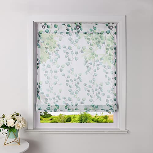 Heichkell Leinen-Optik Raffrollo Halbtransparent Gardine Vorhang mit Blätter Druck Raffgardine mit Haken Grün BxH 80x140cm