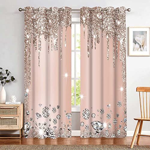 MIZSYE Light Rose Gold Shiny Diamond Print Curtains Gorgeous Drip Blackout Curtains Room Darkening (No Sequins No Sequins) Suitable for Girls Bedroom Living Room Decoration 42x84inch CLZYMS55