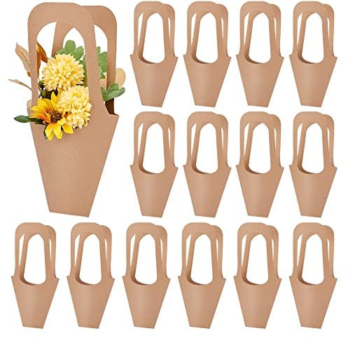 PH PandaHall 20pcs Flower Sleeves Bag Valentine Kraft Paper Floral Gift Bags Long Handle Flower Display Bag for Bouquet Wrapping Wedding Xmas Party Home Decor Small Business, Brown, 35.5x19cm/14x7.5