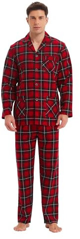 GLOBAL Homme Pyjama Flanelle | Ensembles de Pyjama Homme Coton | Vêtements de Nuit Haut Deux Pièces Chaud |Pyjama Sets Boutonnés à Manches Longues | Loungewear Rouge/Noir/Blanc, Grille S