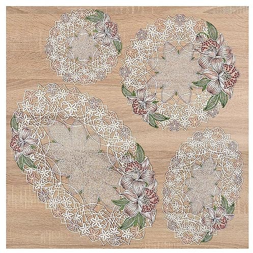 DSD Design-Studio Drechsler Deckchen Orchidee aus Echter Plauener Spitze 4er Set gestickte Tischdecken mit Blumen-Muster in rosé