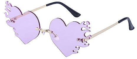 LJCZKA Herz sonnenbrille mit Flammen Damen Herren, Randlose Sonnenbrille Rave Hippie Brille Halloween Party Festival Frauen Unisex