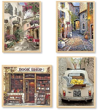 DCIDBEI 30 x 40 cm DIY 4 Stücke Diamond Painting Landschaft Stadt, 5D Runde Diamant Malerei Café, Diamant-Stickerei Auto, Mosaik Kunst/Kreative Freizeit Erwachsene/Wanddekoration zu Hause