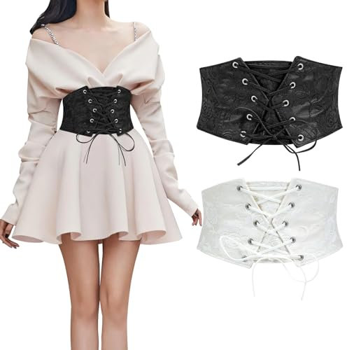 WERFORU 2 Stücke Frauen Taille Korsett Gürtel Tied Waspie Gürtel Halloween Elastische Breite Gürtel für Kleider Schwarz/Weiß
