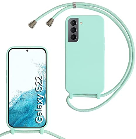 Beajew Funda para Samsung Galaxy S22 con Cuerda, Silicona Líquida Carcasa con Cordón Correa Colgante Ajustable Collar Correa Teléfono Case Cover, Verde Menta