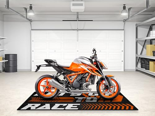 wibeart MPM Motorradmatte für KTM „Let's Go to Race“, waschbar, rutschfest, öl- und wasserabweisend, für die Nutzung in Garage, Ausstellungsraum und Werksta | Größe 1: 86.6 x 39.4/220 x 100 cm