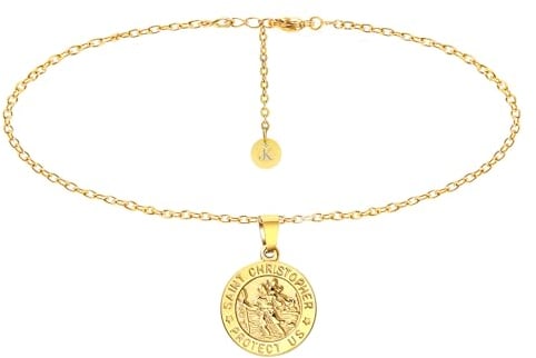 KIM JOHANSON® Edelstahl Damen Halskette mit Anhänger *Der Heilige Christophorus* in Gold | Boho Schmuck für Frauen | Coin Kette mit Gravur | Wasserfest | Verstellbare Länge | inkl. Schmuckbeutel