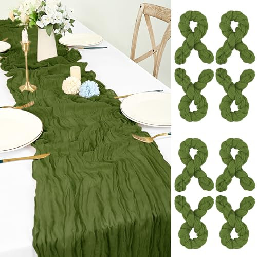 Lot de 8 Chemin de Table en étamine Olive Verte, 55x300cm Lavable Tissu Chemin de Table Boho pour Mariage Romantique Douche Nuptiale Candlelight Dinner Translucide Gaze Décoration de Table