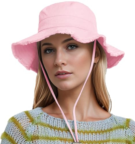 YAMEE Fischerhut Damen Baumwolle mit Fransen am Hut Rand,Sonnenhut Herren Fischerhut Unifarben mit Kinnriemen,Unisex Bucket-Sun Hat Sonnenschutz,Anglerhut Damen Packable Hut Sommer Outdoor Aktivitäten