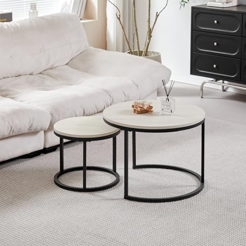 DEYARNA HOME Table Basse Gigogne Lot de 2, Table Basse Ronde avec Plateau en Grain de Bois et Cadre en Métal, Grande: 60cm*60cm*45cm; Petite: 40 * 40 * 35cm (Couleur du Bois+Noir)