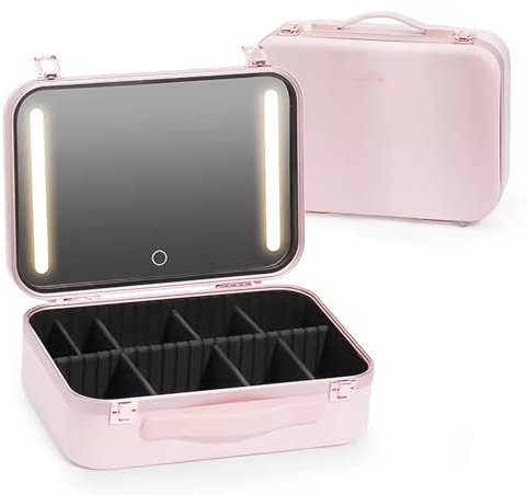 Travel Makeup Bag with LED Light Up Mirror,Cosmetic Storage Organiser Box with Led 3 Colors Modes Light,Vanity Case with Adjustable Dividers Compartment for Women (Pink)